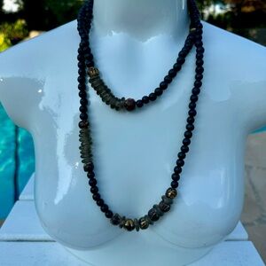 Vintage Melvin Slip Over Wood Bead Necklace With Glass Long In Length
